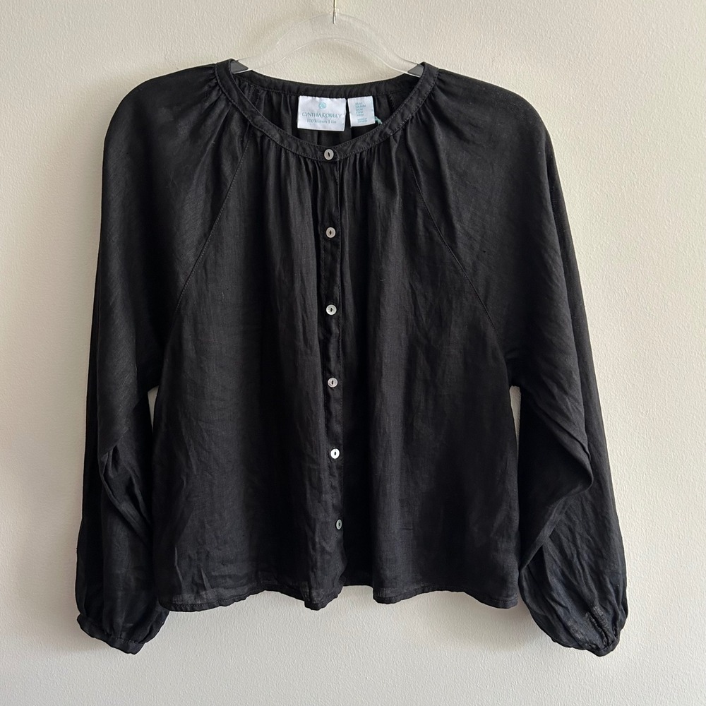 Cynthia Rowley Blouse Black Medium 100% Linen Button Front Raglan Peasant Top